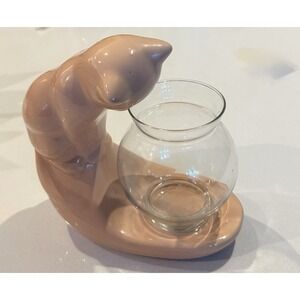 Vintage MCM Pink Ceramic Cat Glass Goldfish Beta Bowl 9"
